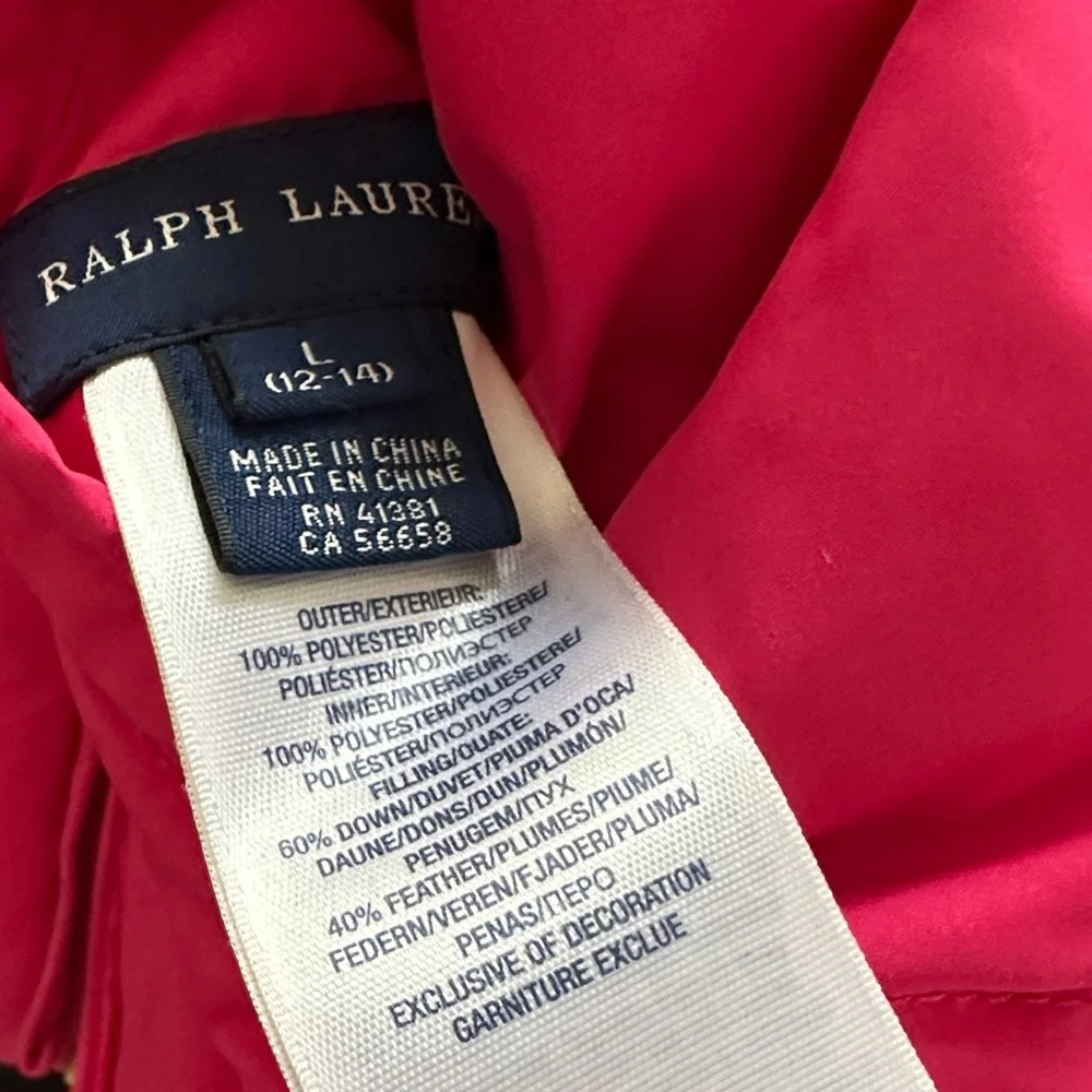 Ralph Lauren Kids Girls Reversible Down Feather Vest Pink Polo Blue Floral L 12